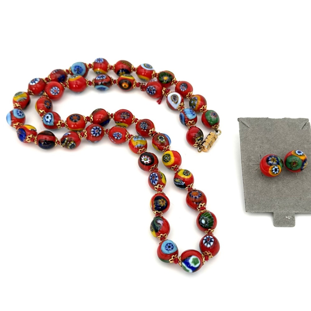 Vintage Venetian Murano Millefiori Glass Bead Necklace Earrings Set Red Multi